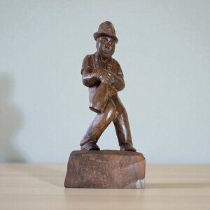 Vintage Hand Carved Folk Art Wooden Man Statue Hat & Suspenders 10"